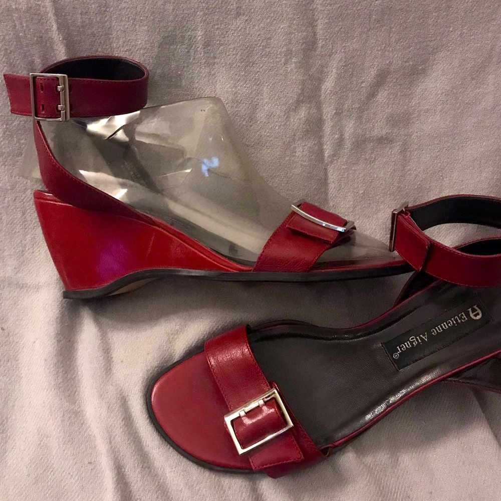 90’s Etienne Aigner Cranberry Red Maxx Wedged Ankle Strapped Buckle Sandals